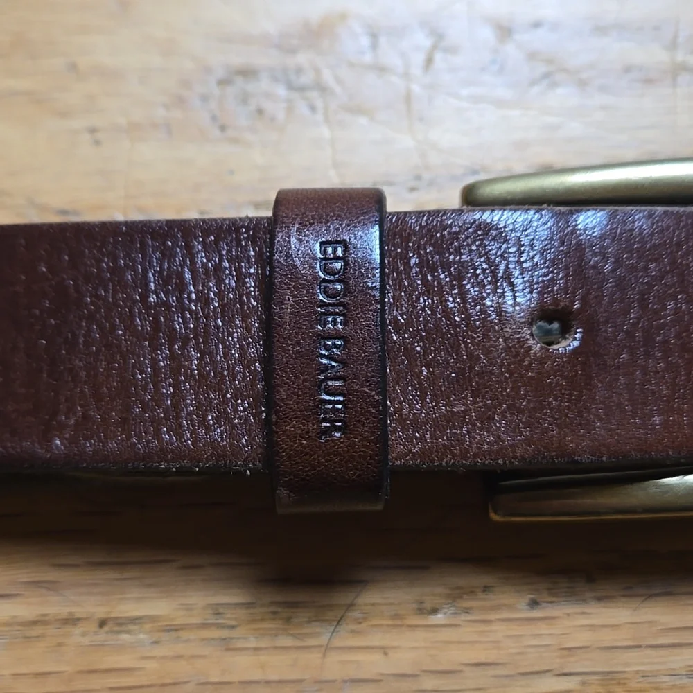 Eddie Bauer US made green canvas brown leather brass buckle belt, sz 39